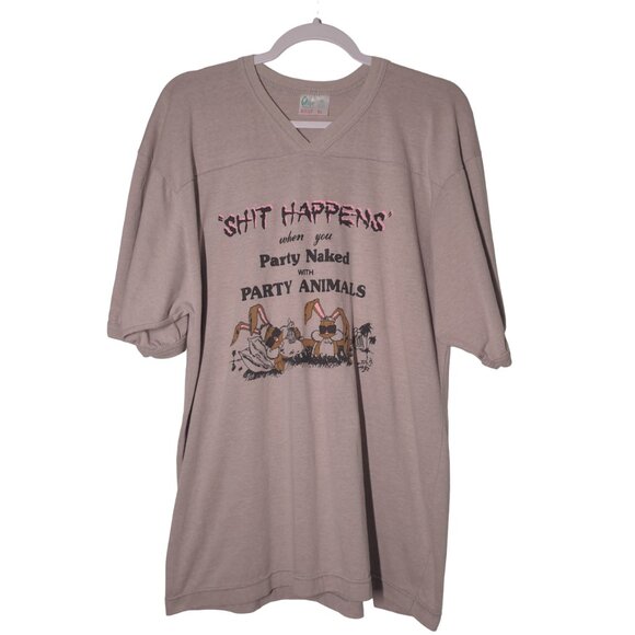 VINTAGE Sh*t Happens When You Party Naked USED V-Neck Shirt (XL, Tan, Humor) - Picture 2 of 10